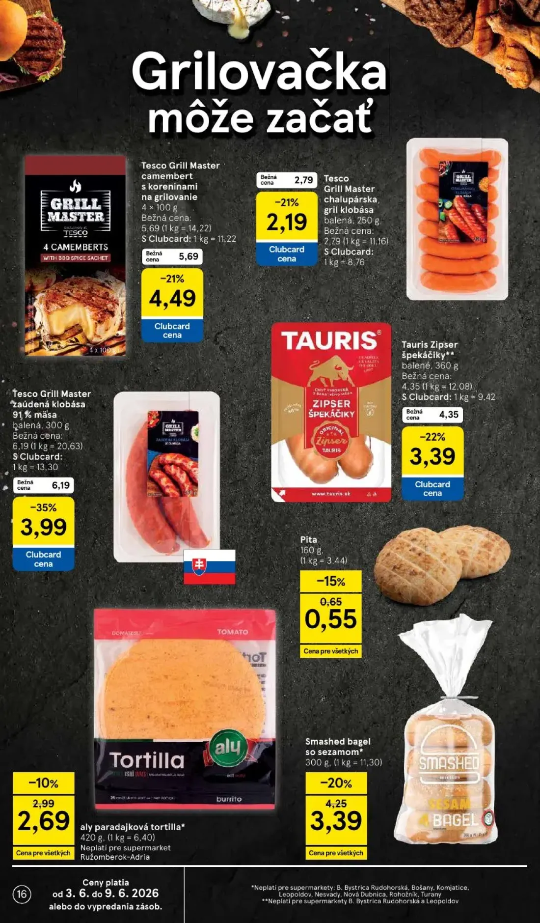 Tesco Supermarket leták, strana 16 z 35 — Tesco Grill Master camembert s koreninami na grilovanie, Tesco Grill Master Zaúden…