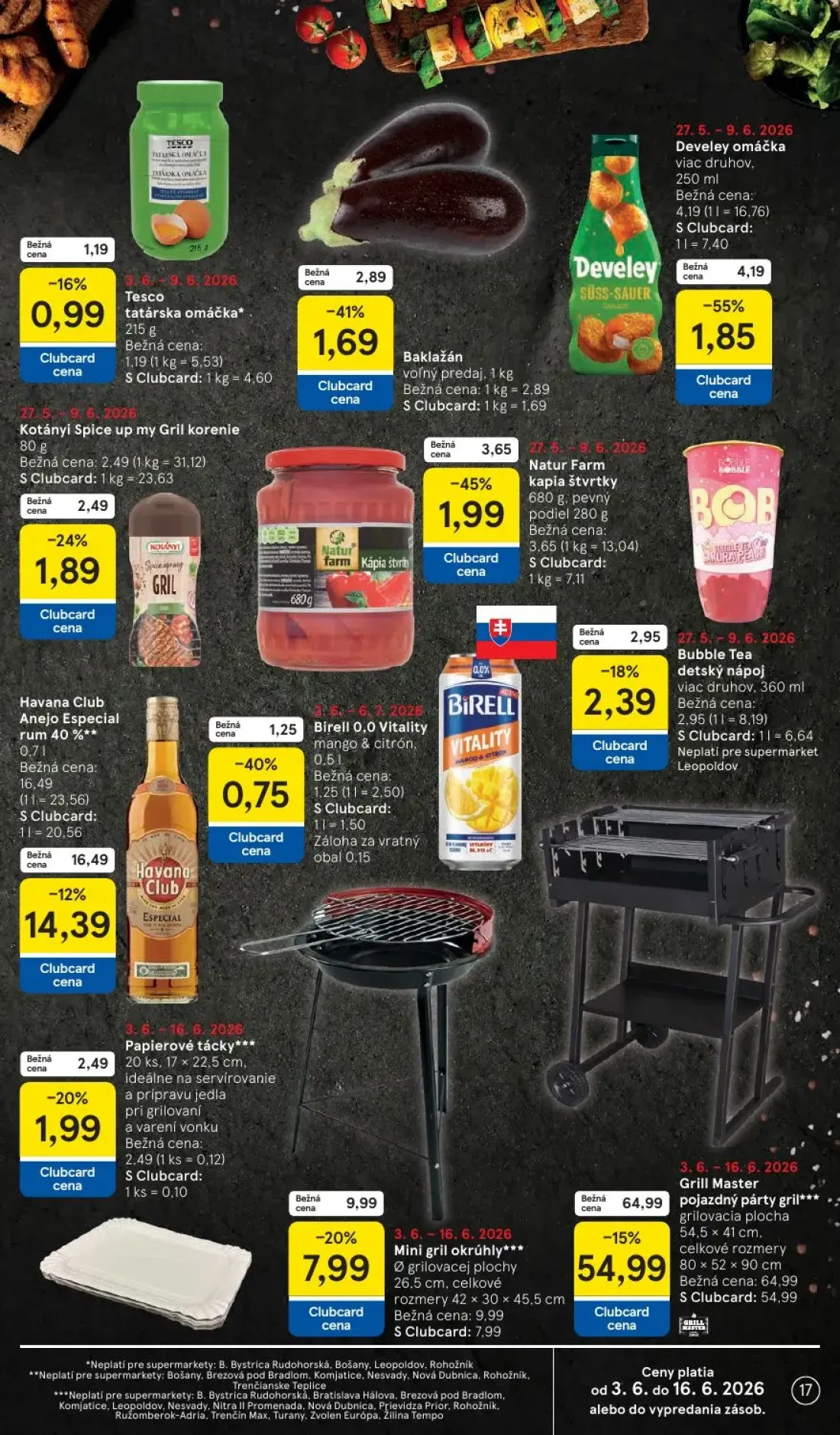 Tesco Supermarket leták, strana 17 z 35 — Grill Master pojazdný párty gril***, Develey omáčka viac druhov., Mini gril okrúhl…