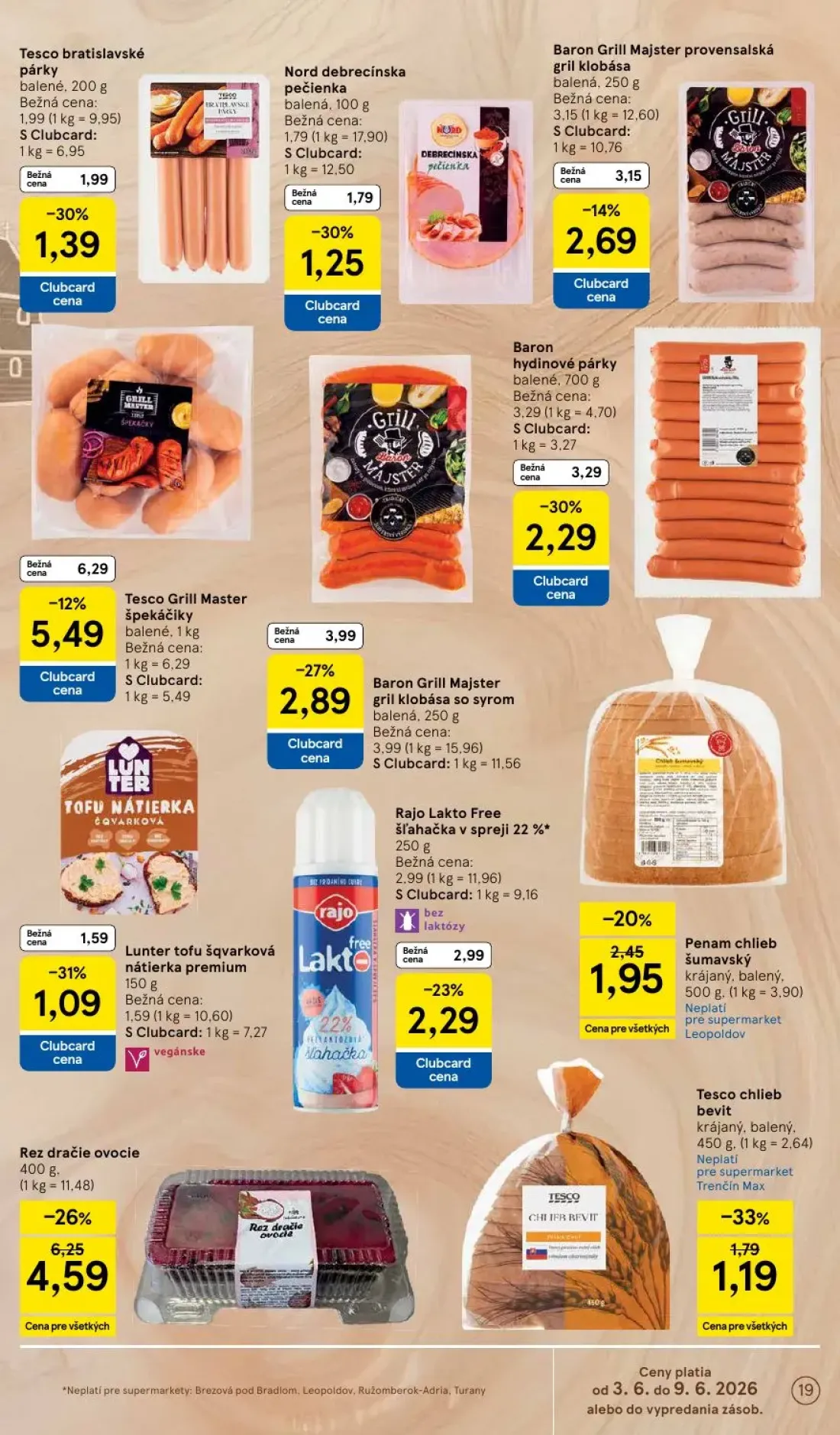 Tesco Supermarket leták, strana 19 z 35 — Baron Grill Majster gril klobása so syrom, Baron hydinové párky, Tesco Grill Maste…