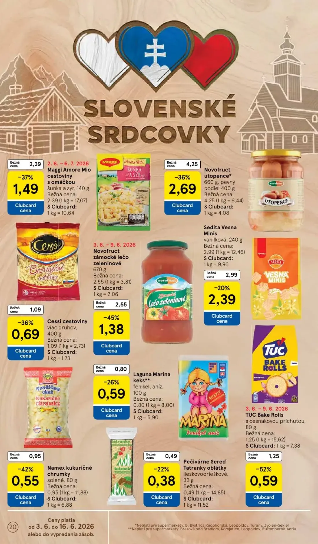 Tesco Supermarket leták, strana 20 z 35 — TUC Bake Rolls s cesnakovou príchuťou, Sedita Vesna Minis vanilková, Namex kukurič…