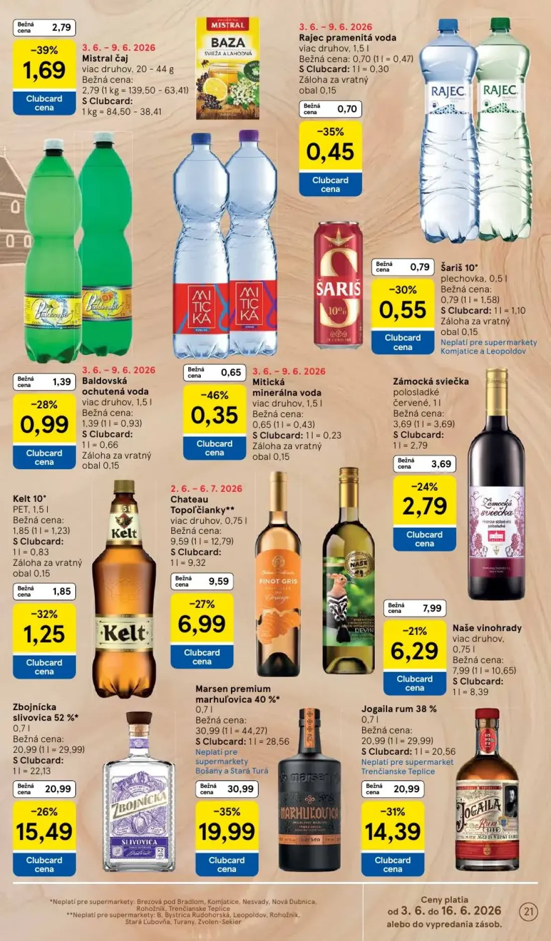 Tesco Supermarket leták, strana 21 z 35 — Kelt 10°, Baldovská ochutená voda, Mitická minerálna voda