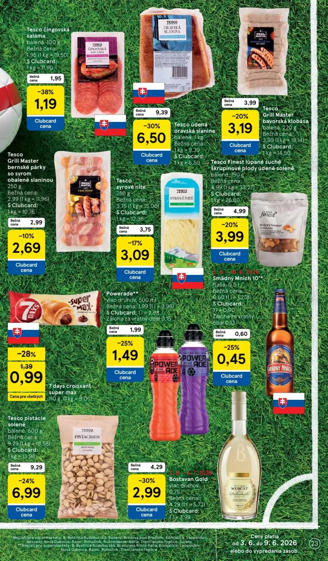 Tesco Supermarket leták, strana 23 z 35 — Tesco údená oravská slanina, Tesco Grill Master bavorská klobása, Tesco čingovská …