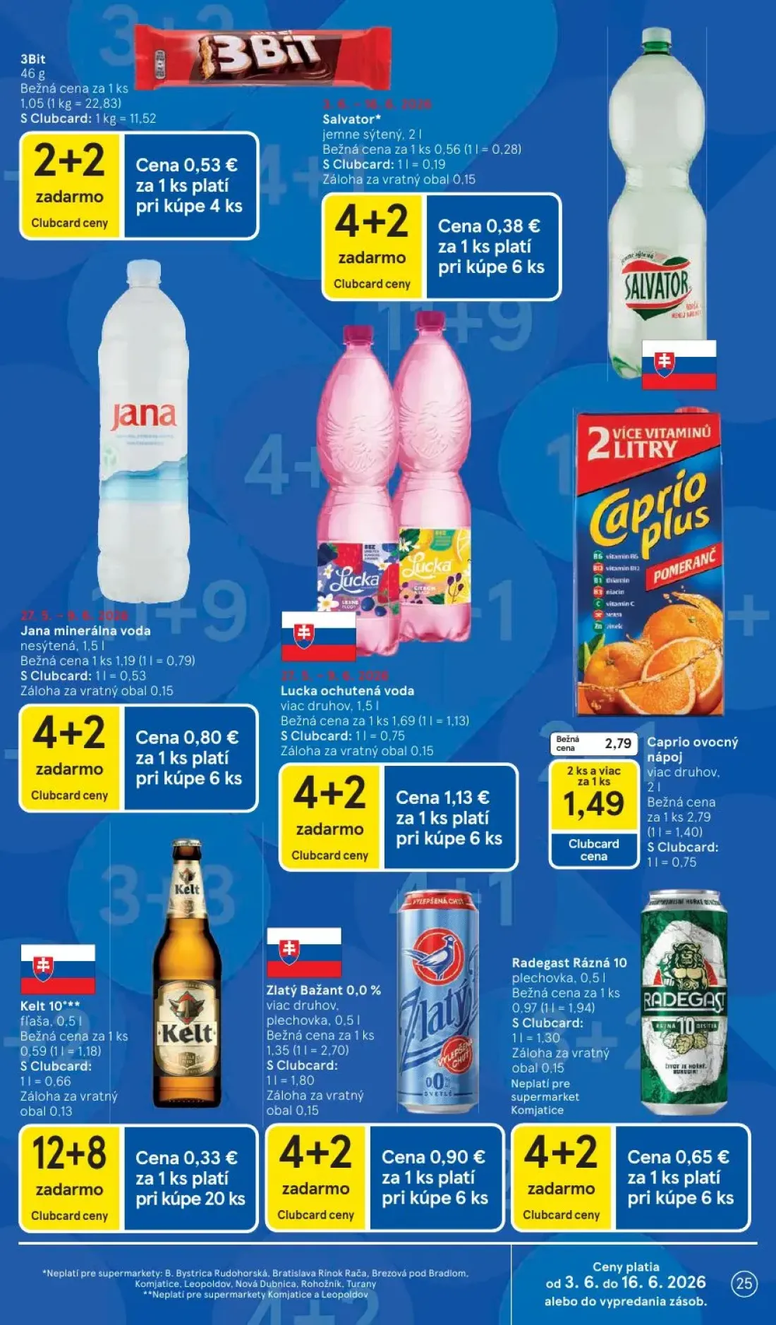 Tesco Supermarket leták, strana 25 z 35 — Caprio ovocný nápoj, 3Bit, Jana minerálna voda nesýtená