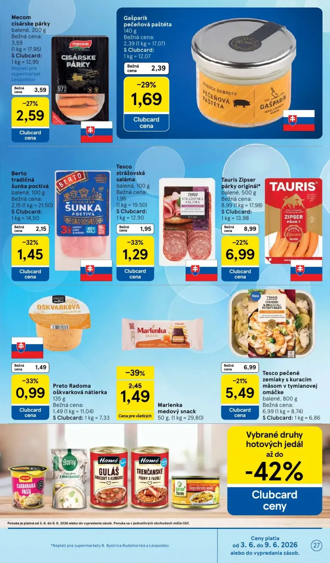 Tesco Supermarket leták, strana 27 z 35 — Tauris Zipser párky originál*, Mecom cisárske párky, Marlenka medový snack