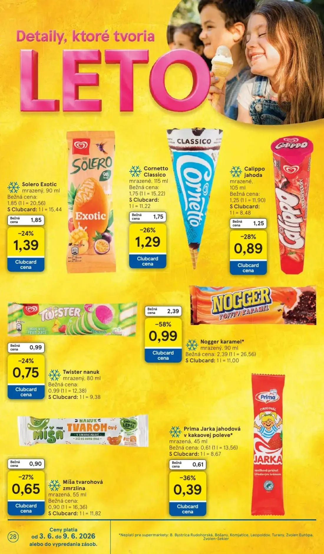 Tesco Supermarket leták, strana 28 z 35 — Nogger karamel*, Solero Exotic, Cornetto Classico