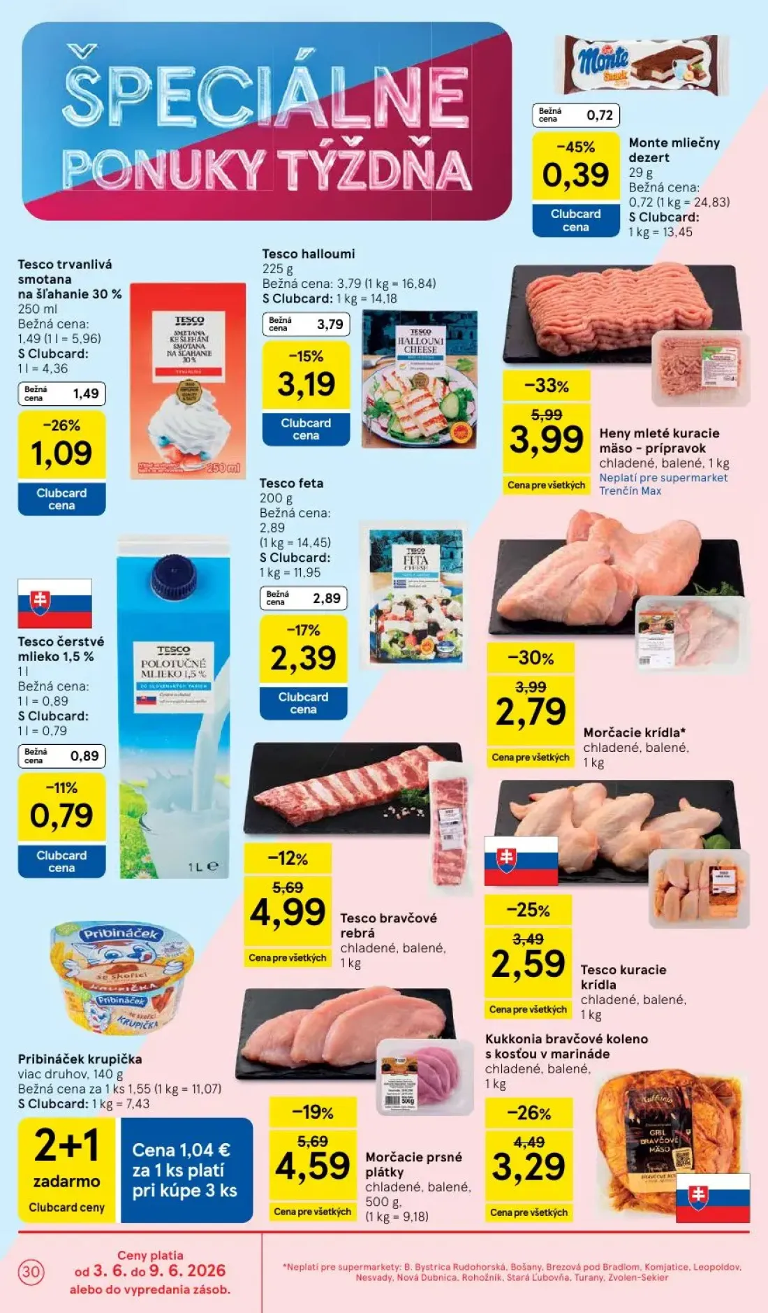 Tesco Supermarket leták, strana 30 z 35 — Heny mleté kuracie mäso - prípravok, Morčacie krídla, Kukkonia bravčové koleno s k…