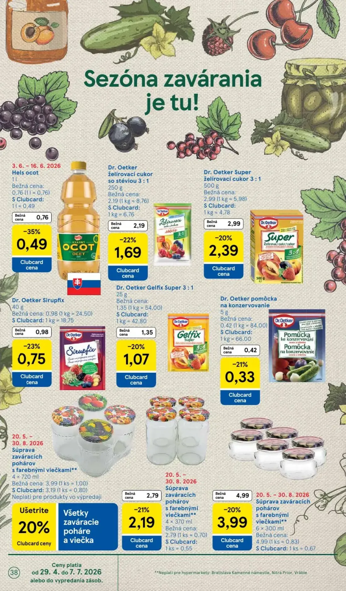 Tesco leták, strana 38 z 52 — Súprava zaváracích pohárov s farebnými viečkami**, Dr. Oetker Super želírovací cukor 3:1, Dr. …