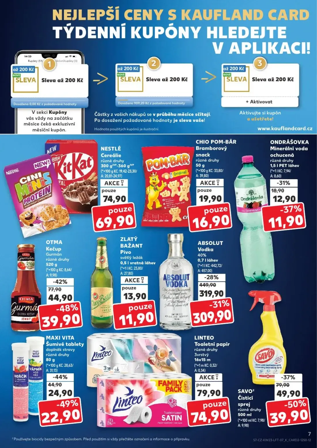 Kaufland leták, strana 7 z 54 — SAVO Čisticí sprej, ONDRÁŠOVKA Minerální voda ochucená, LINTEO Toaletní papír
