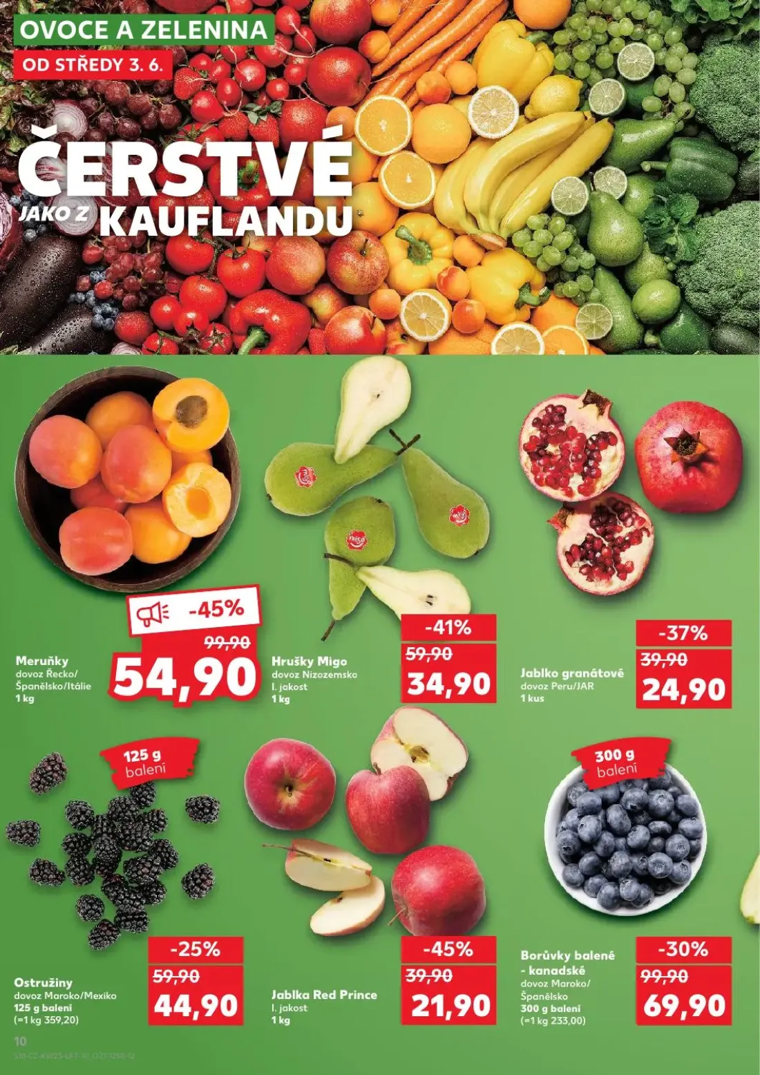 Kaufland leták, strana 10 z 54 — Meruňky, Borůvky balené, Hrušky Migo