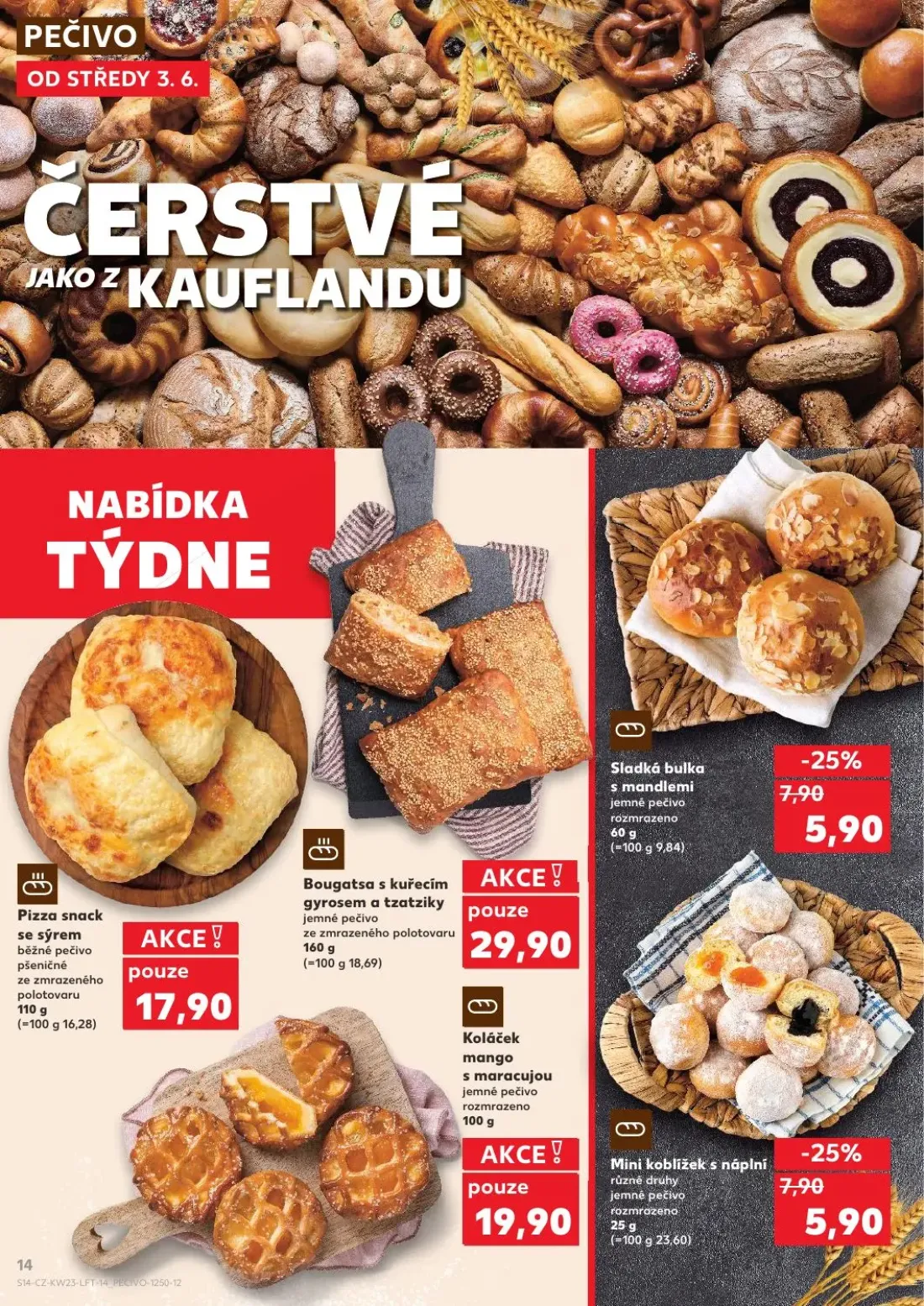 Kaufland leták, strana 14 z 54 — Sladká bulka s mandlemi, Mini koblížek s náplní, Koláček mango s maracujou
