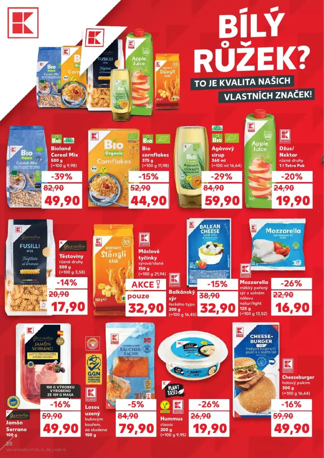 Kaufland leták, strana 20 z 54 — Balkánský sýr řeckého typu, Mozzarella měkký pařený sýr v solném nálevu natur/light, Džus/N…