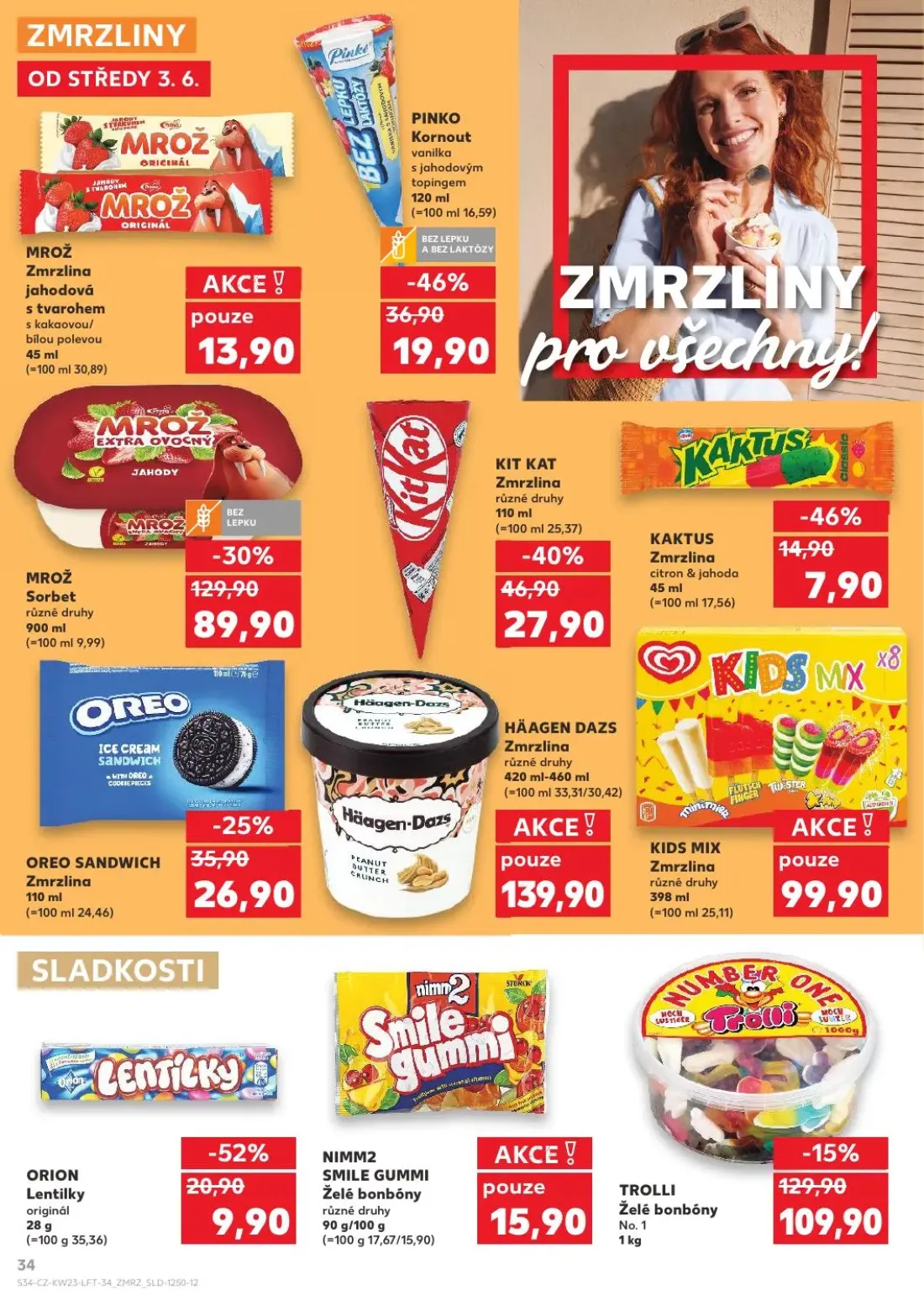 Kaufland leták, strana 34 z 54 — MROŽ Sorbet, TROLLI Želé bonbóny No. 1, KIT KAT Zmrzlina