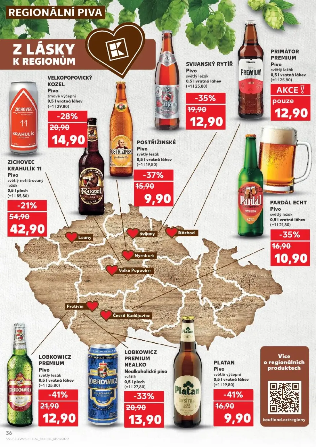 Kaufland leták, strana 36 z 54 — SVIJANSKÝ RYTÍŘ Pivo světlý ležák, LOBKOWICZ PREMIUM Pivo světlý ležák, PRIMÁTOR PREMIUM Pi…