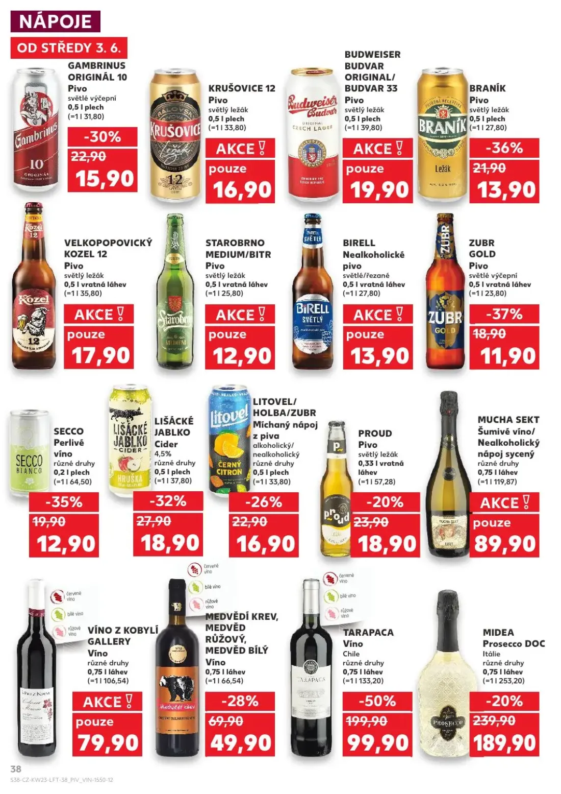 Kaufland leták, strana 38 z 54 — TARAPACA Víno Chile, MIDEA Prosecco DOC Itálie, MEDVĚDÍ KREV, MEDVĚD RŮŽOVÝ, MEDVĚD BÍLÝ Ví…