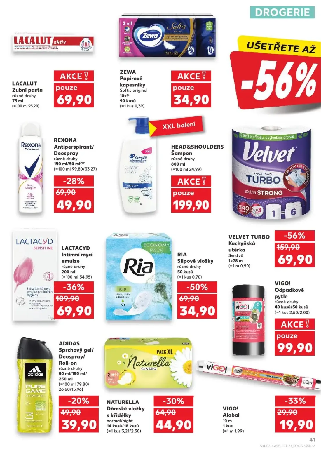 Kaufland leták, strana 41 z 54 — VELVET TURBO Kuchyňská utěrka, LACTACYD Intimní mycí emulze, RIA Slipové vložky