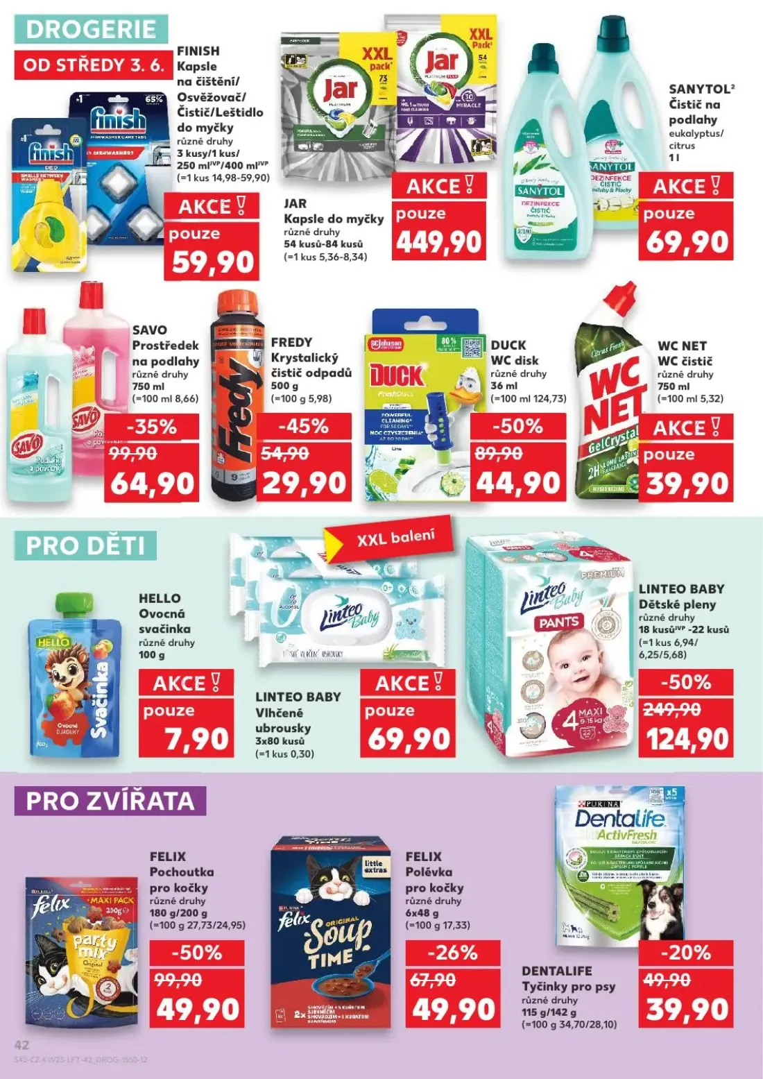 Kaufland leták, strana 42 z 54 — LINTEO BABY Dětské pleny, DUCK WC disk, SAVO Prostředek na podlahy