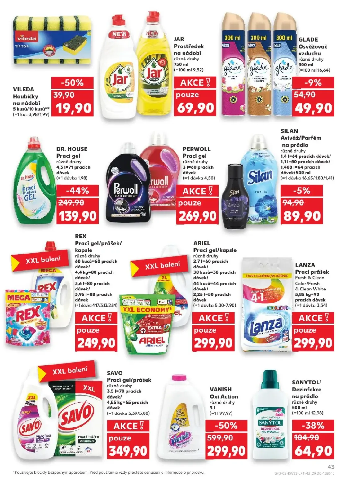 Kaufland leták, strana 43 z 54 — VANISH Oxi Action, DR. HOUSE Prací gel, SANYTOL Dezinfekce na prádlo