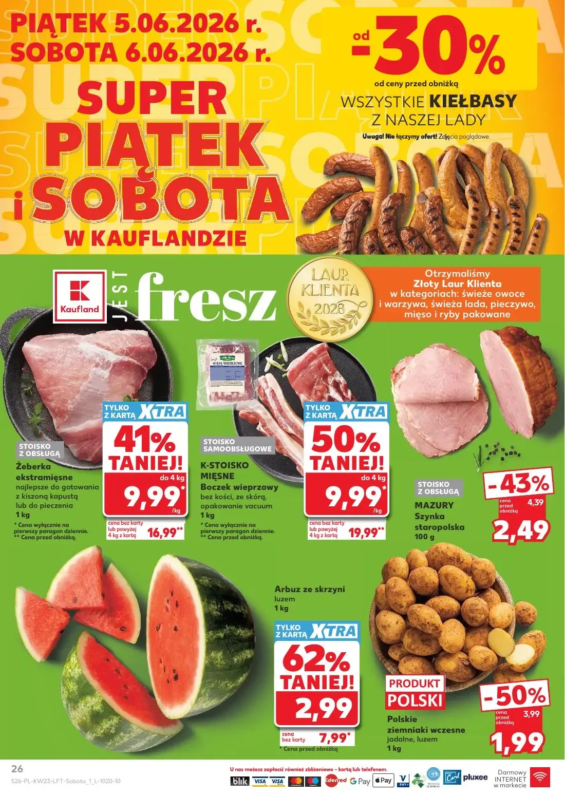 Kaufland gazetka, strona 26 z 74 — Boczek wieprzowy bez kości, ze skórą, opakowanie vacuum, Żeberka ekstramięsne, Arbuz ze s…