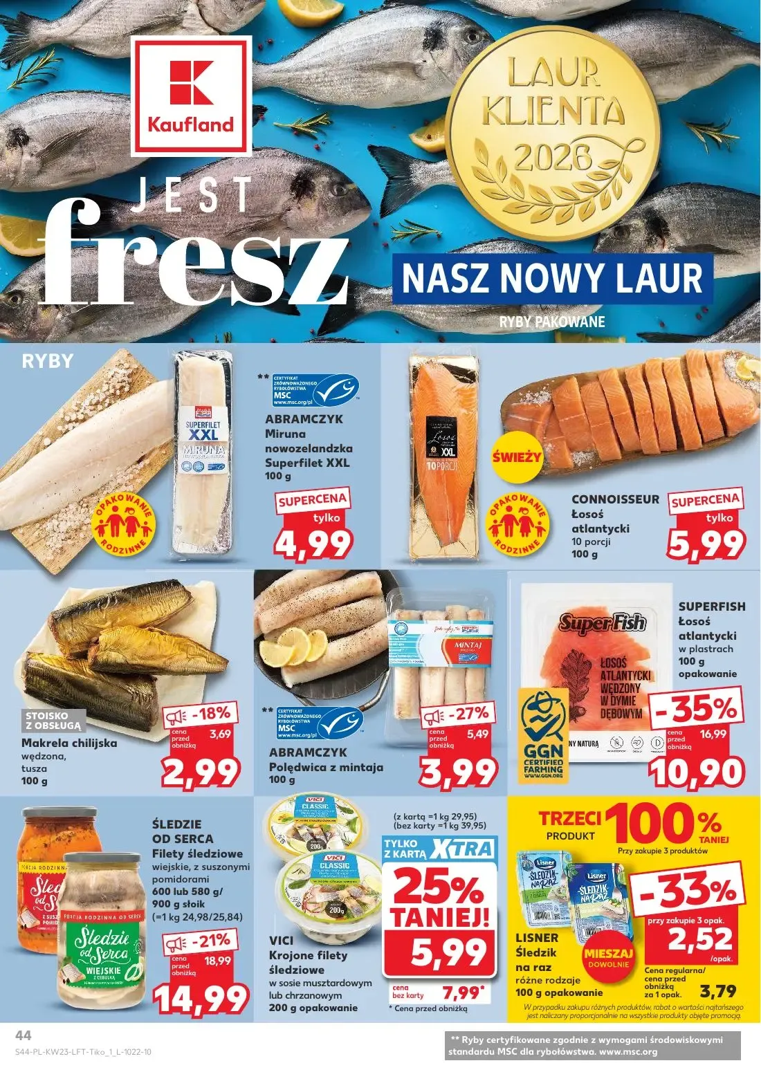 Kaufland gazetka, strona 44 z 74 — Łosoś atlantycki w plastrach, Filety śledziowe wiejskie, z suszonymi pomidorami, Krojone …