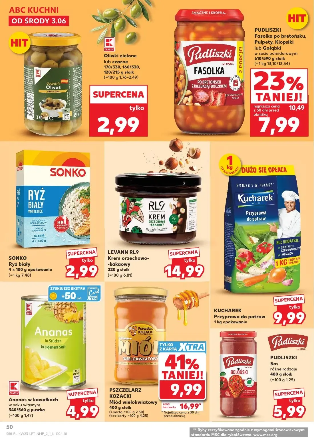 Kaufland gazetka, strona 50 z 74 — Miód wielokwiatowy, Fasolka po bretońsku, Pulpety, Klopsiki lub Gołąbki, Oliwki zielone l…