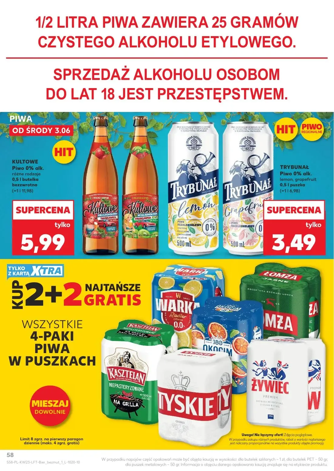 Kaufland gazetka, strona 58 z 74 — KULTOWE Piwo 0% alk. różne rodzaje, TRYBUNAŁ Piwo 0% alk. lemon, grapefruit