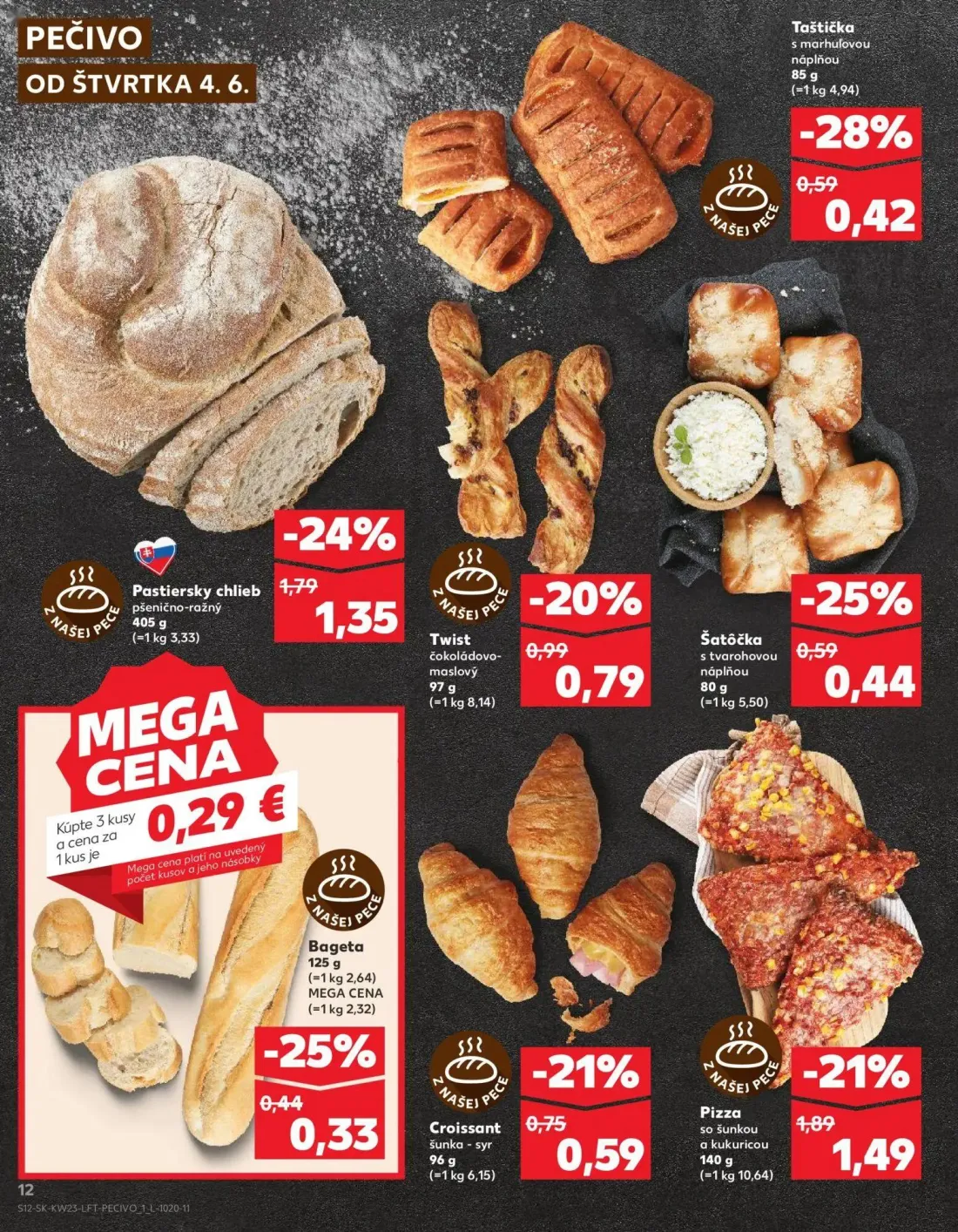 Kaufland leták, strana 12 z 76 — Pastiersky chlieb pšenično-ražný, Twist čokoládovo-maslový, Taštička s marhuľovou náplňou