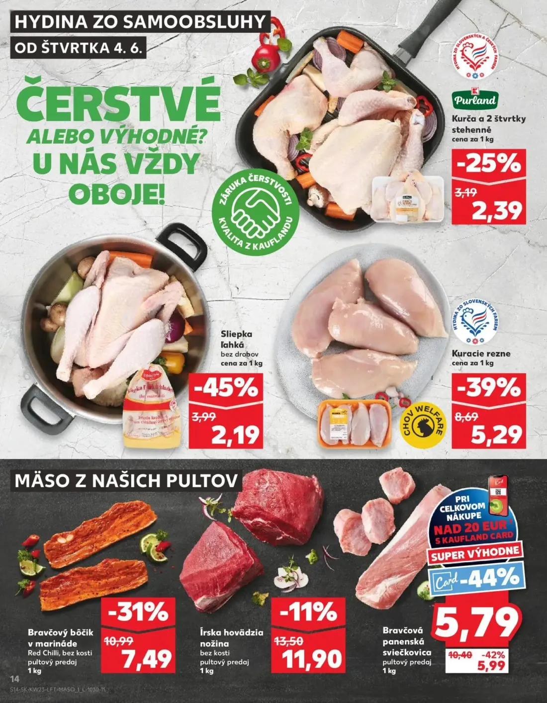 Kaufland leták, strana 14 z 76 — Bravčová panenská sviečkovica, Bravčový bôčik v marináde Red Chilli, bez kosti, Kuracie rez…