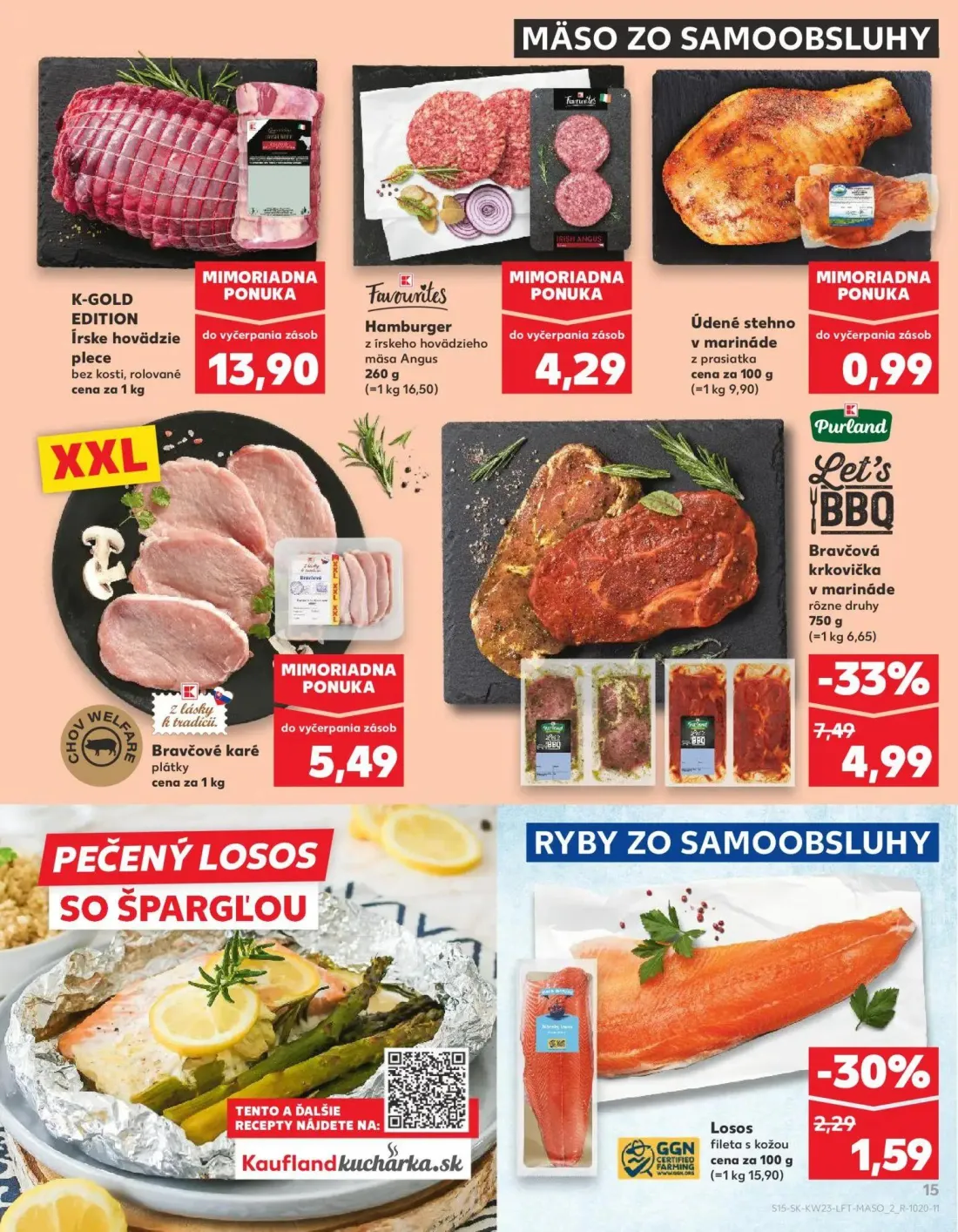 Kaufland leták, strana 15 z 76 — Purland Let's BBQ Bravčová krkovička v marináde rôzne druhy, Losos fileta s kožou, K-GOLD E…