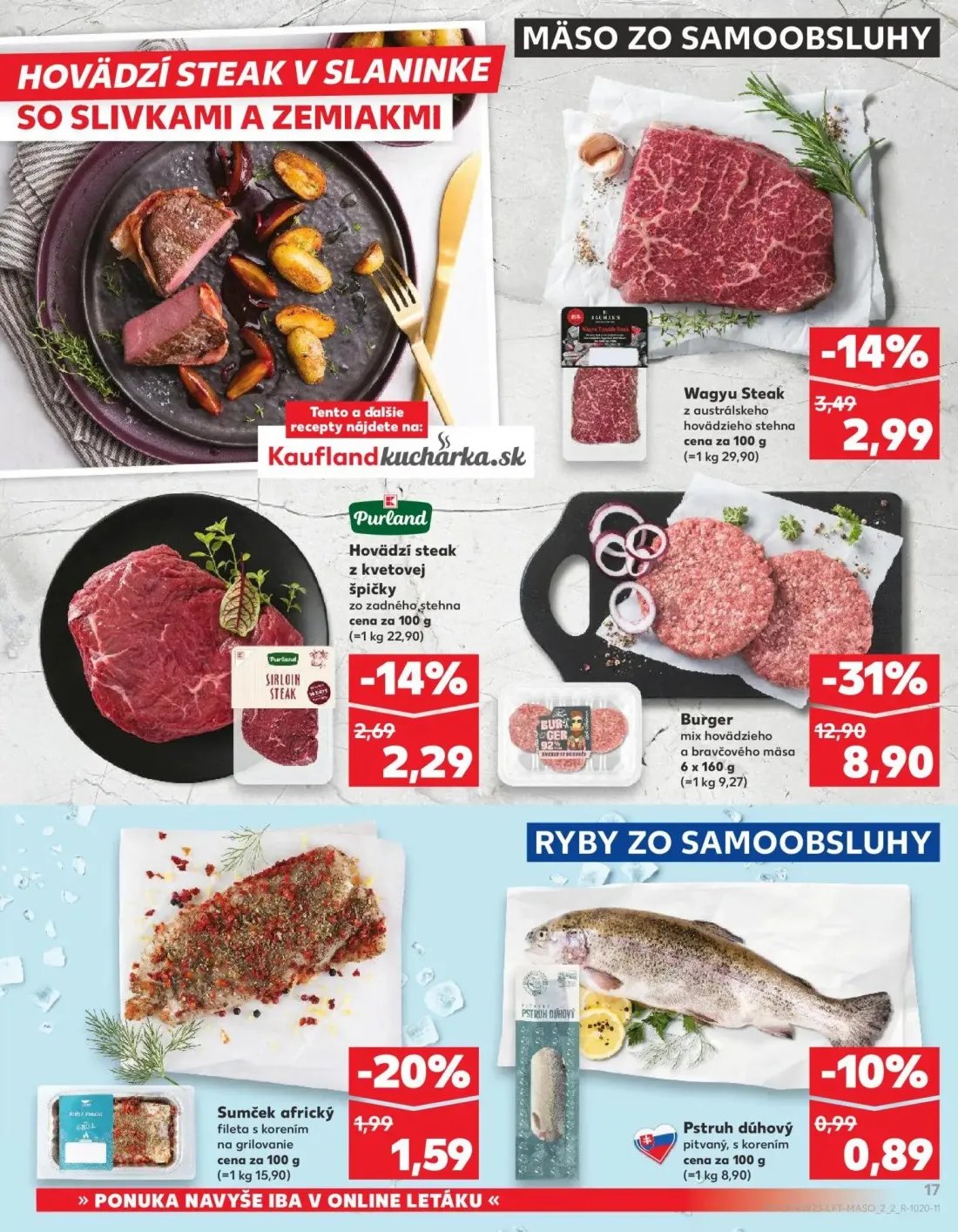 Kaufland leták, strana 17 z 76 — Burger mix hovädzieho a bravčového mäsa, Wagyu Steak z austrálskeho hovädzieho stehna, Hovä…
