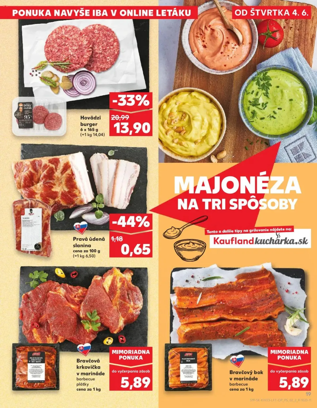 Kaufland leták, strana 19 z 76 — Hovädzí burger, Pravá údená slanina, Bravčová krkovička v marináde barbecue plátky