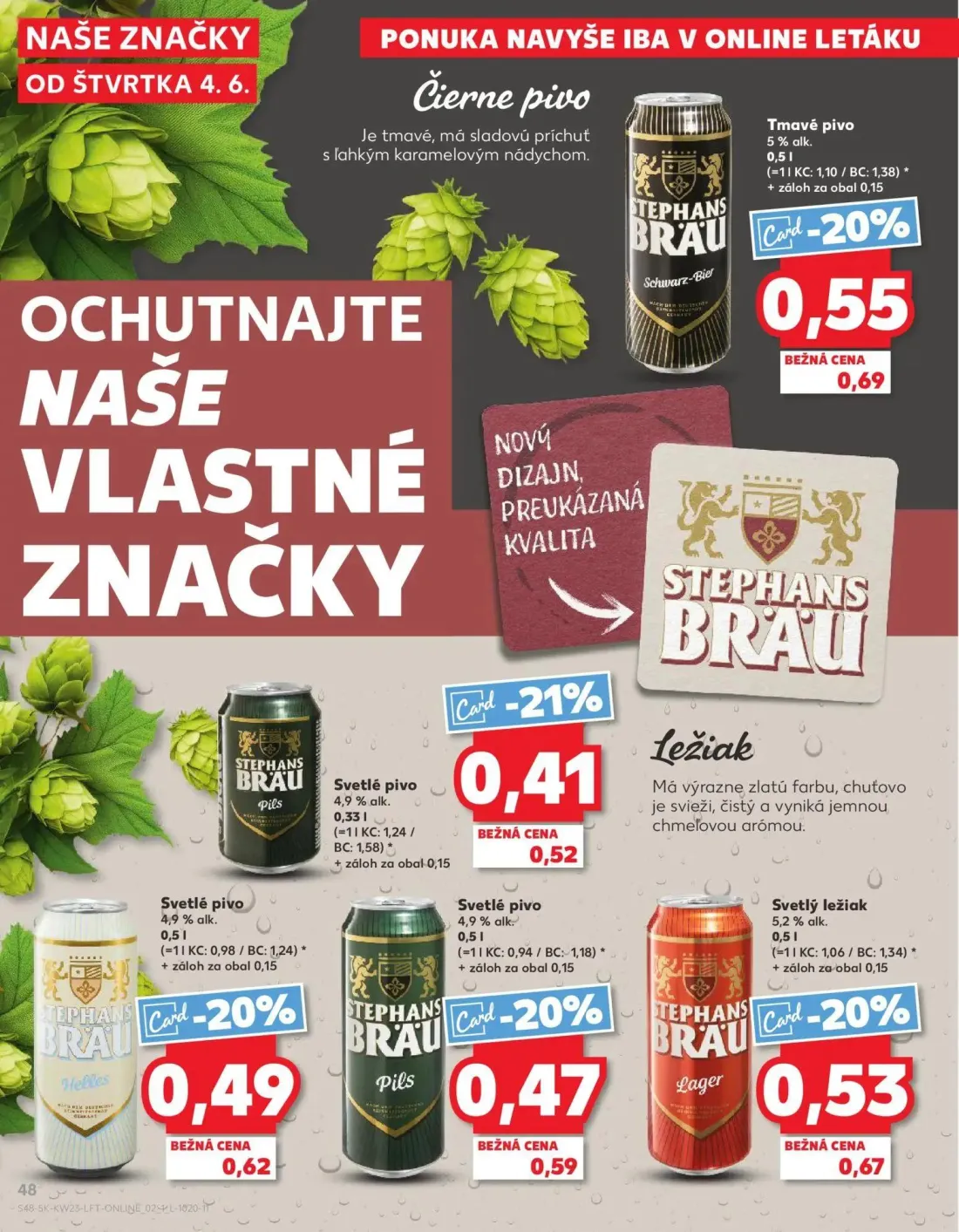 Kaufland leták, strana 48 z 76 — Tmavé pivo, Svetlý ležiak, Svetlé pivo