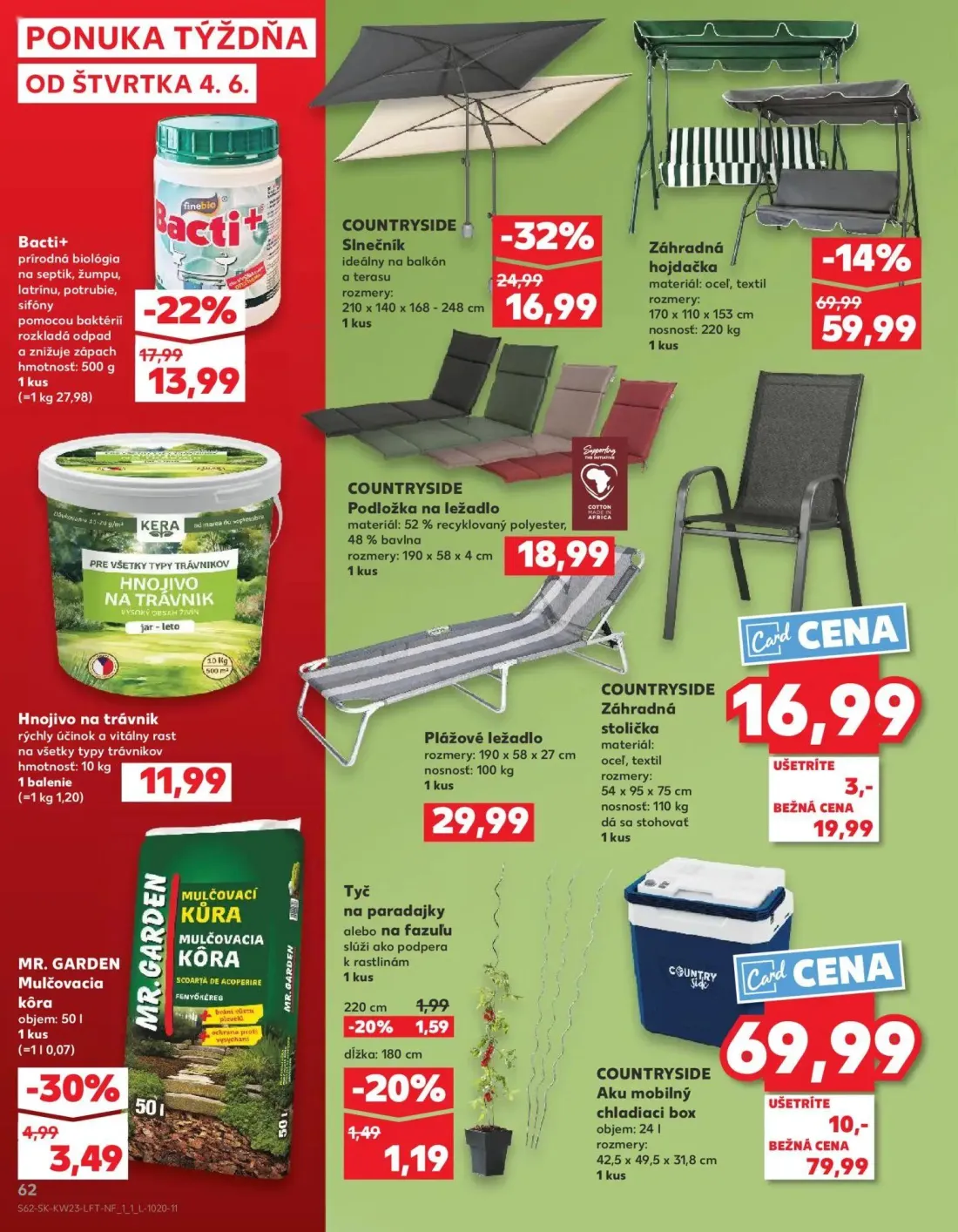 Kaufland leták, strana 62 z 76 — Záhradná hojdačka, Aku mobilný chladiaci box, Slnečník