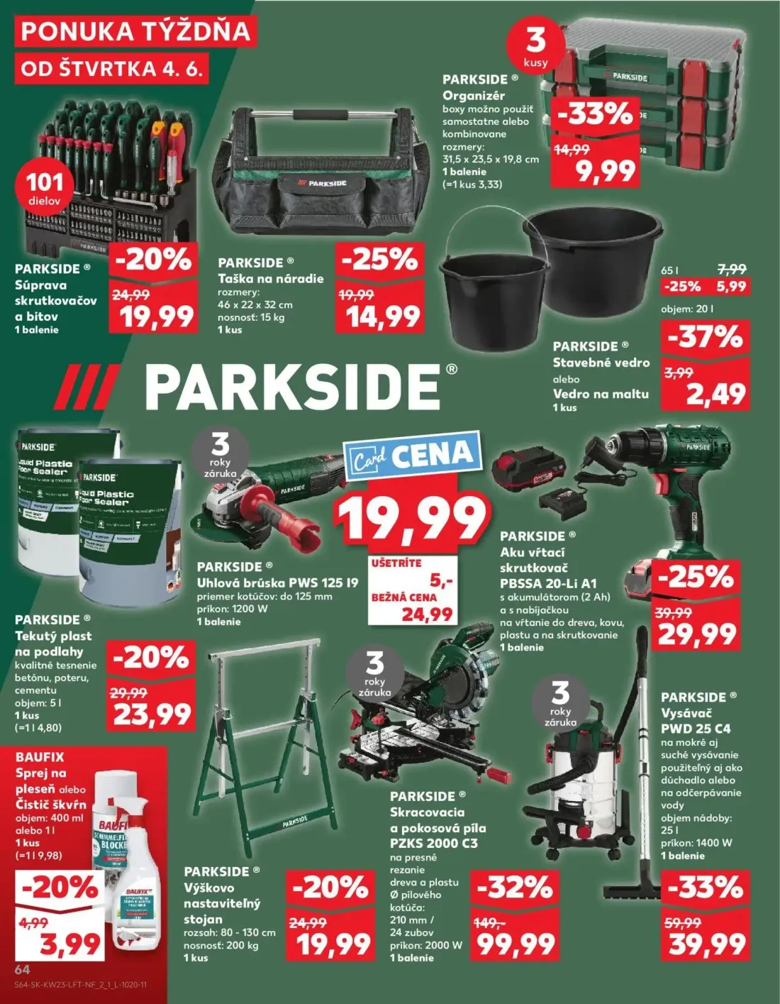 Kaufland leták, strana 64 z 76 — PARKSIDE® Skracovacia a pokosová píla PZKS 2000 C3, PARKSIDE® Vysávač PWD 25 C4, PARKSIDE® …