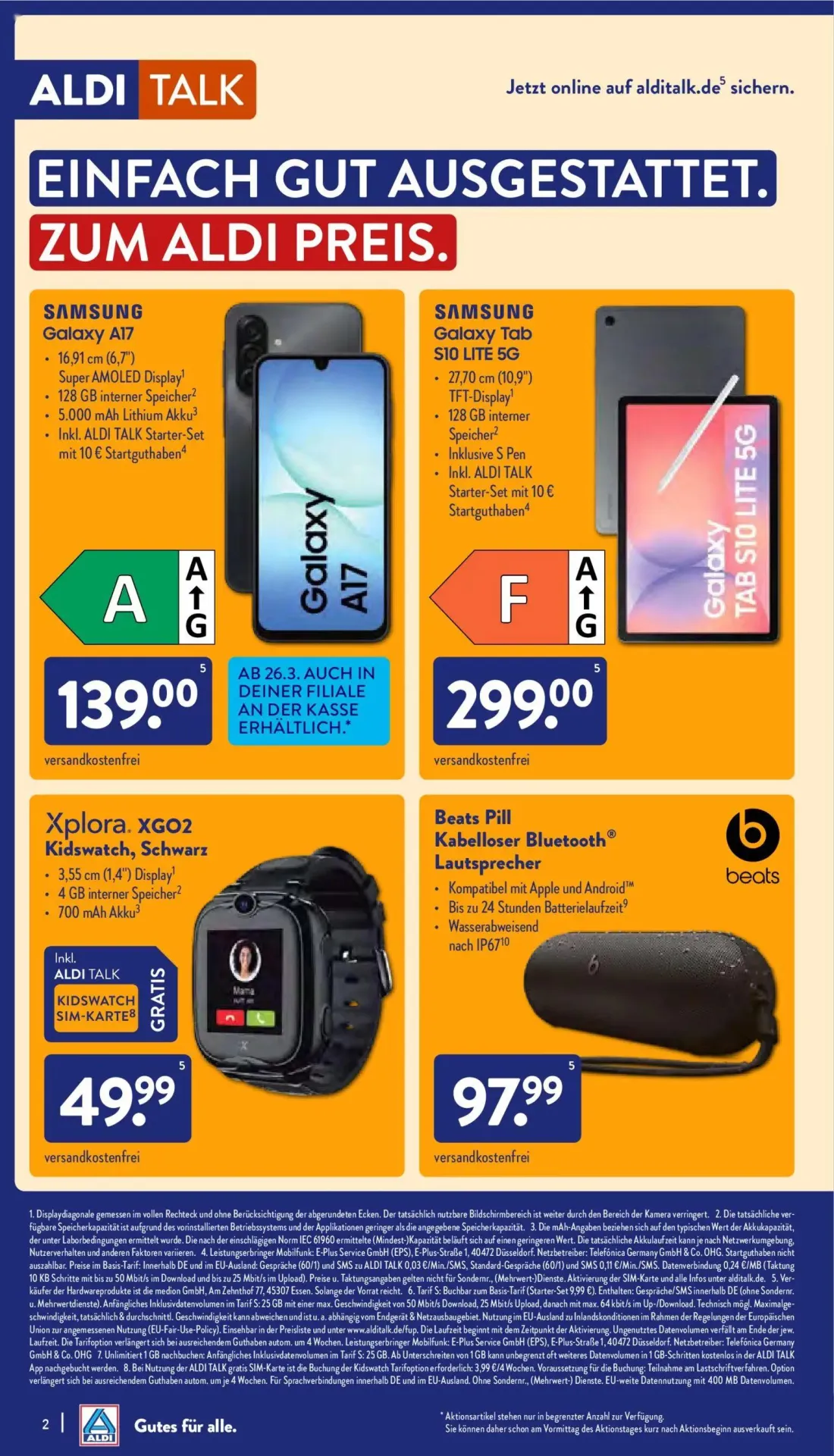 Aldi Nord Prospekt, Seite 2 von 4 — Samsung Galaxy A17, Samsung Galaxy Tab S10 LITE 5G, Xplora. XGO2 Kidswatch, Schwarz