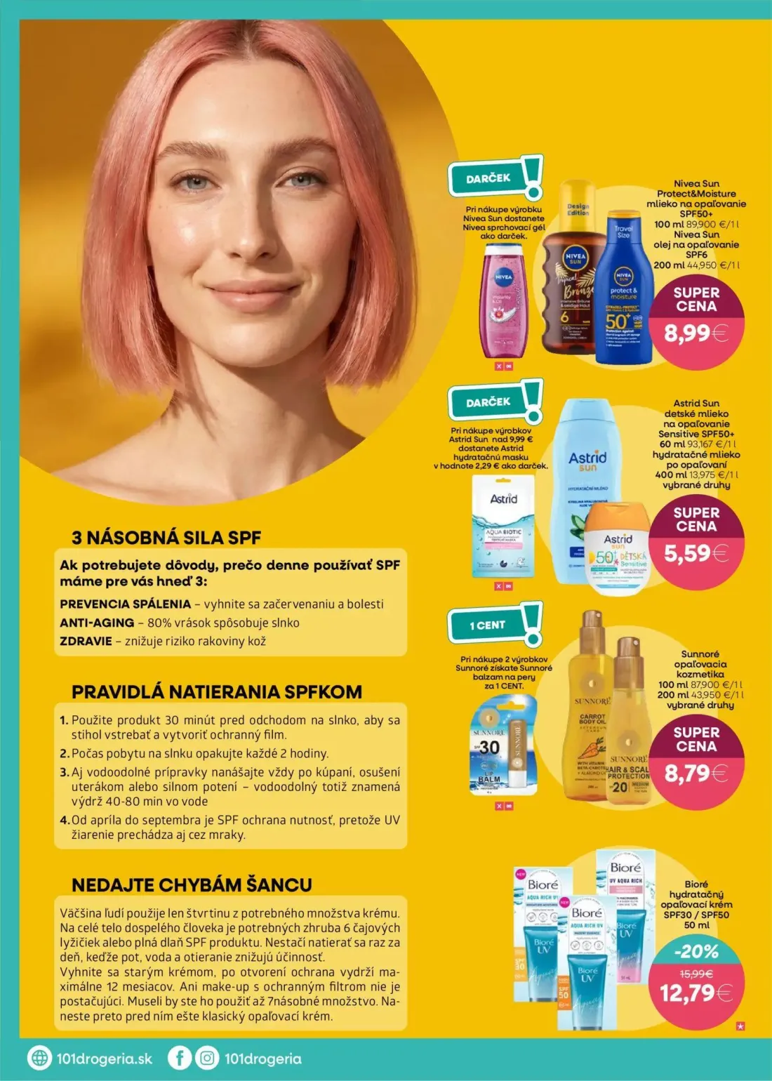 101 Drogerie leták, strana 2 z 8 — Bioré hydratačný opaľovací krém SPF30/SPF50, Nivea Sun Protect&Moisture mlieko na opaľova…