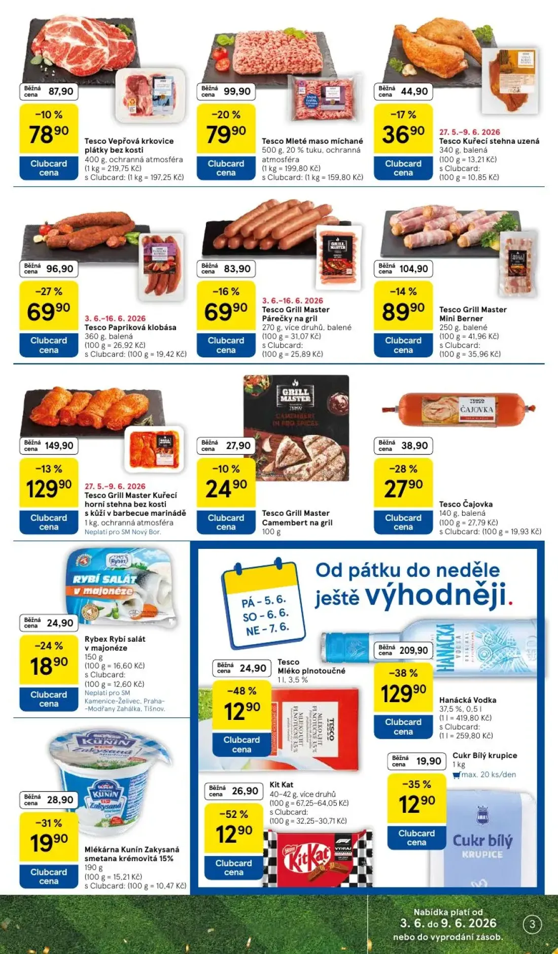 Tesco Supermarket leták, strana 3 z 10 — Tesco Grill Master Párečky na gril, Tesco Vepřová krkovice plátky bez kosti, Tesco …