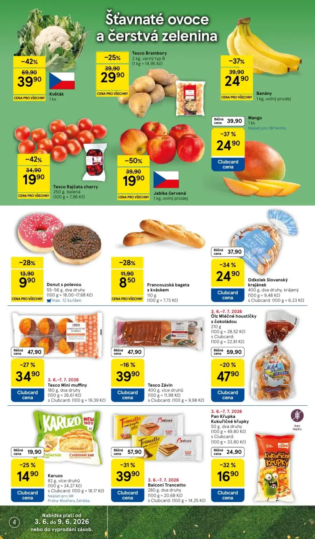 Tesco Supermarket leták, strana 4 z 10 — Banány, Ölz Mléčné houstičky s čokoládou, Francouzská bageta s kváskem