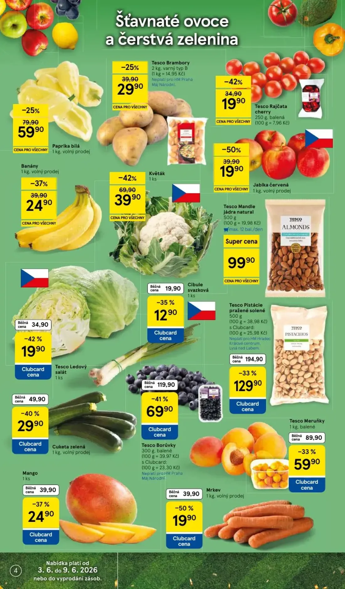 Tesco leták, strana 4 z 35 — Tesco Borůvky, Tesco Meruňky, Mango
