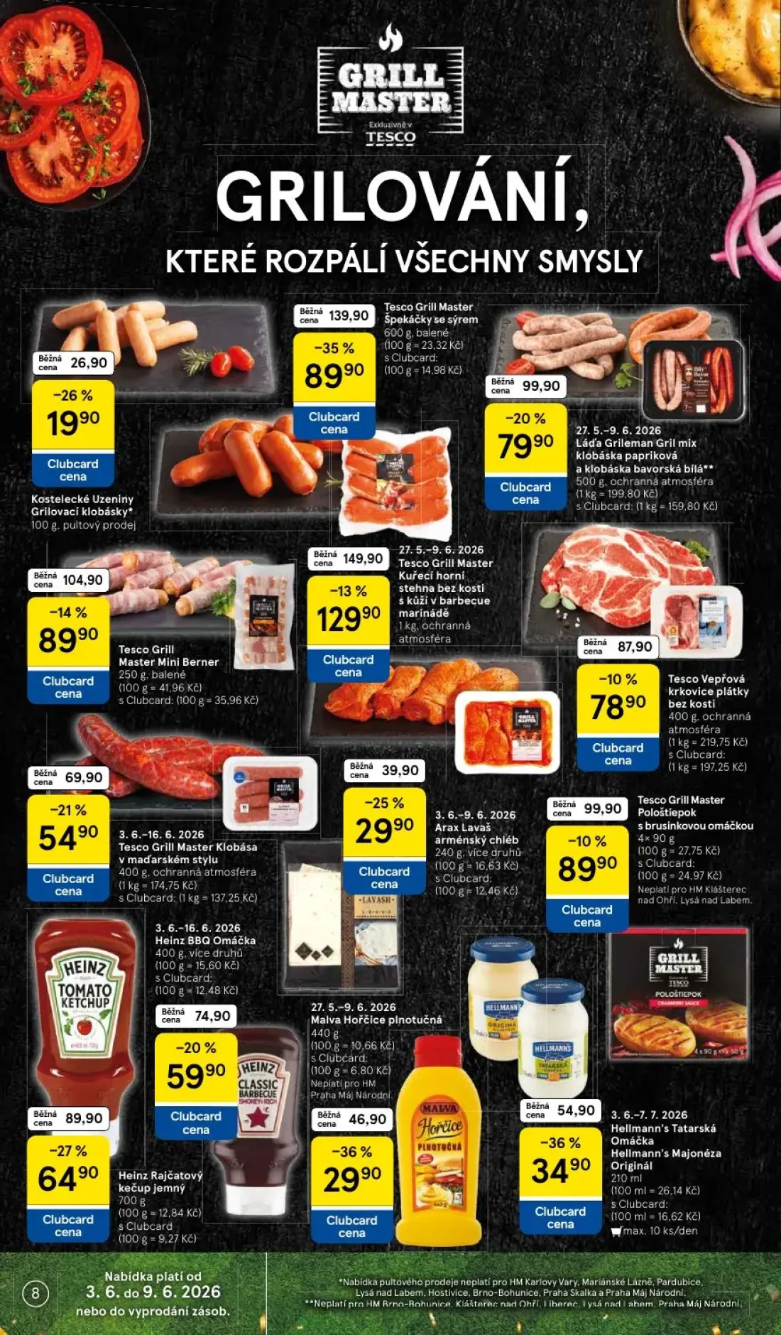 Tesco leták, strana 8 z 35 — Špekáčky se sýrem, Heinz Rajčatový kečup jemný, Gril mix klobáska papriková a klobáska bavorská…