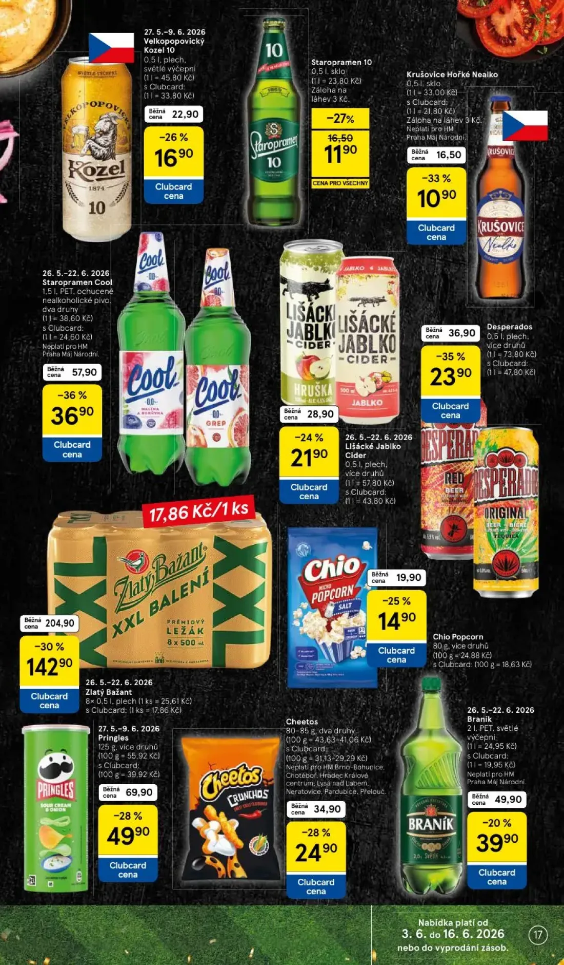 Tesco leták, strana 17 z 35 — Pringles, Cheetos, Velkopopovický Kozel 10