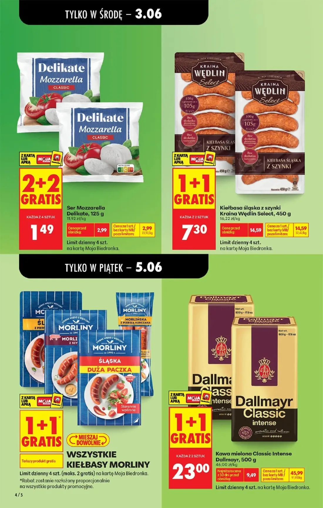 Biedronka gazetka, strona 4 z 76 — Kawa mielona Classic Intense Dallmayr, Kiełbasa śląska z szynki Kraina Wędlin Select, Ser…
