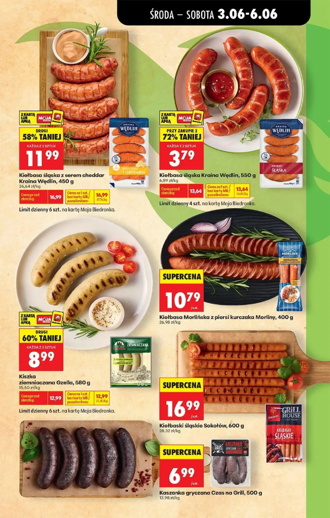 Biedronka gazetka, strona 15 z 76 — Kiełbasa śląska Kraina Wędlin, Kiełbasa śląska z serem cheddar Kraina Wędlin, Kiszka zie…