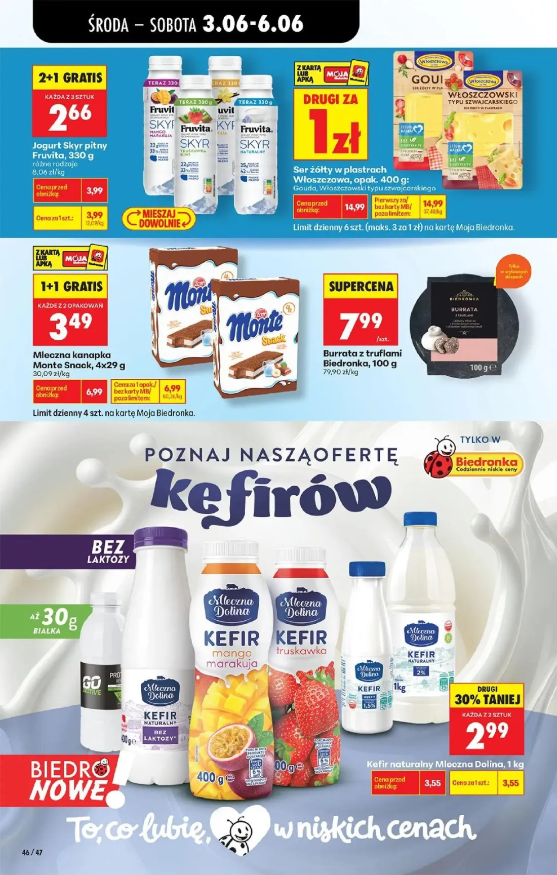 Biedronka gazetka, strona 50 z 76 — Jogurt Skyr pitny Fruvita, Kefir naturalny Mleczna Dolina, Ser żółty w plastrach Włoszcz…