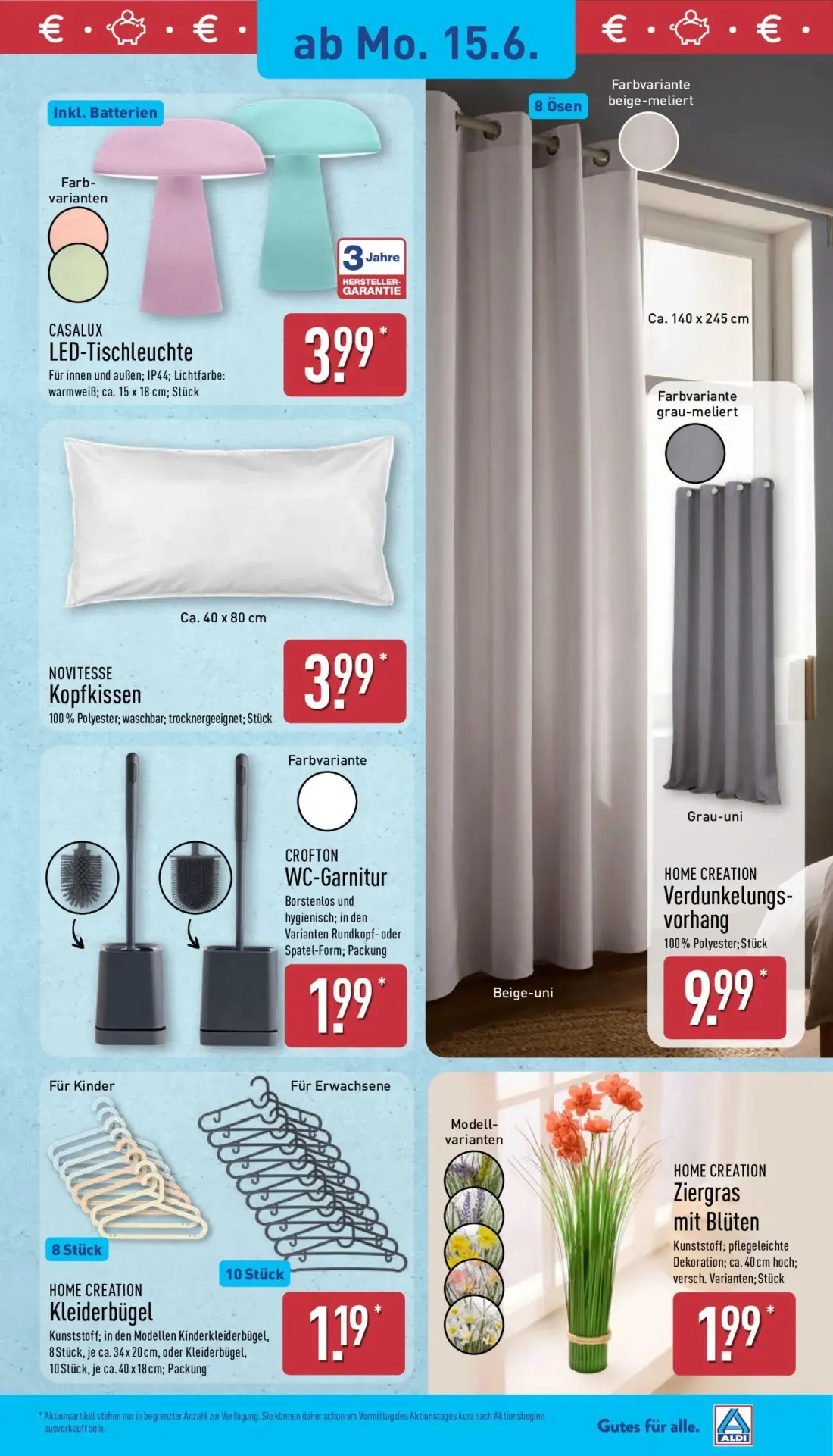 Aldi Nord Prospekt, Seite 6 von 14 — NOVITESSE Kopfkissen, HOME CREATION Verdunkelungs- vorhang, CROFTON WC-Garnitur