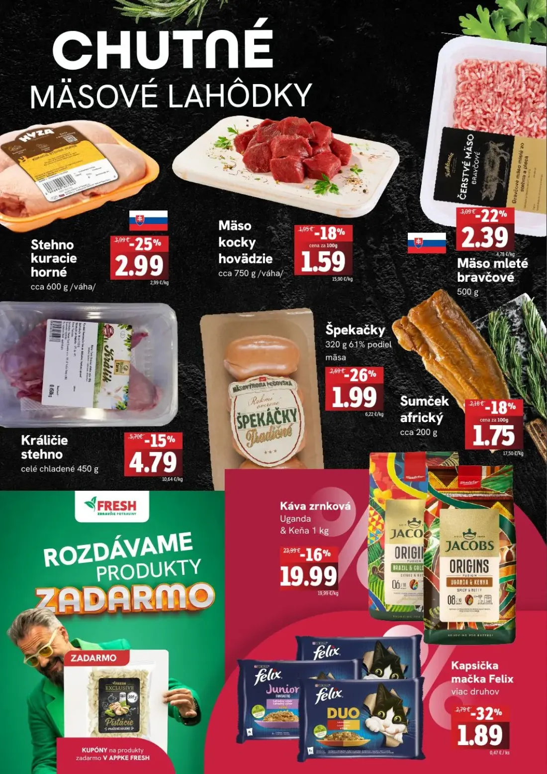 Terno leták, strana 2 z 4 — Káva zrnková Uganda & Keňa, Stehno kuracie horné, Králičie stehno