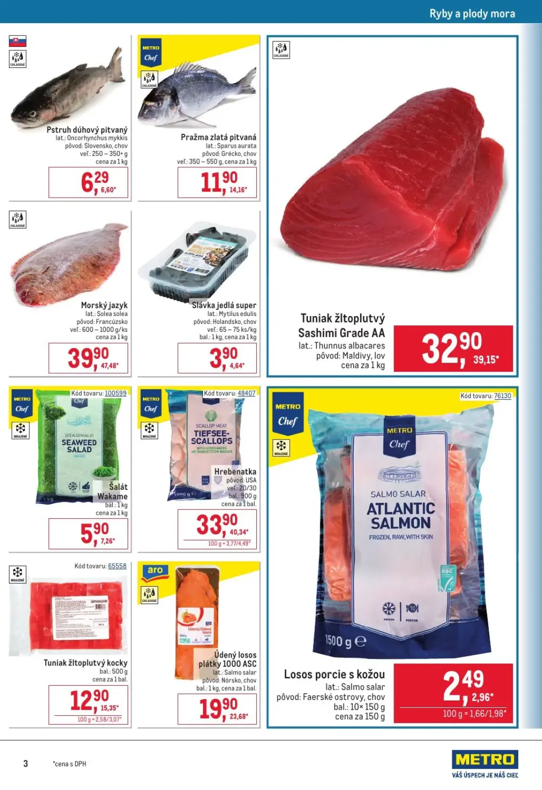 Metro leták, strana 3 z 6 — Morský jazyk, Hrebenatka, Tuniak žltoplutvý Sashimi Grade AA