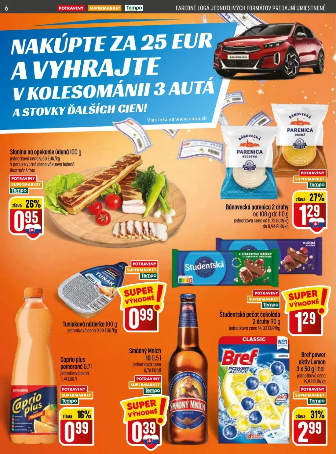 Coop Jednota leták, strana 6 z 32 — Slanina na opekanie údená, Caprio plus pomaranč, Smädný Mních