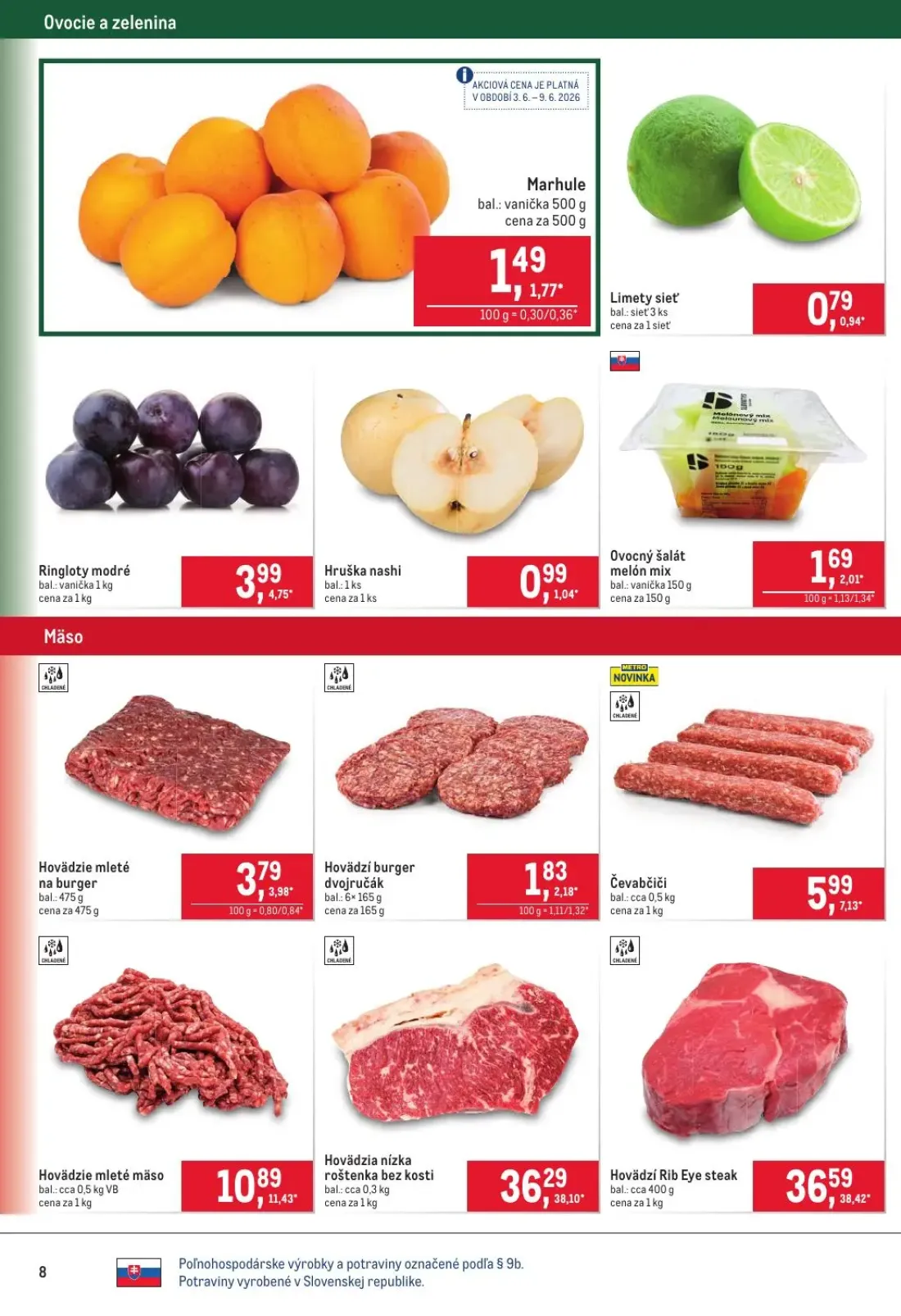 Metro leták, strana 8 z 40 — Hovädzí Rib Eye steak, Hovädzia nízka roštenka bez kosti, Čevabčiči