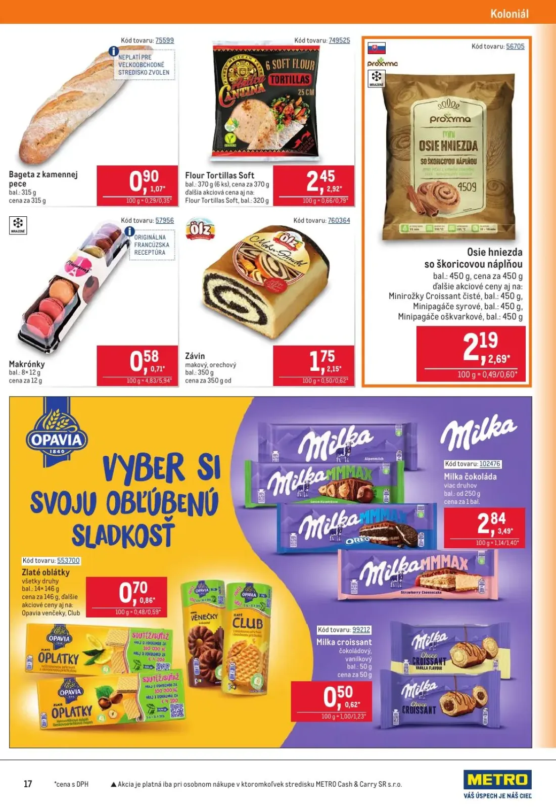 Metro leták, strana 17 z 40 — Milka čokoláda viac druhov, Osie hniezda so škoricovou náplňou, Závin makový, orechový