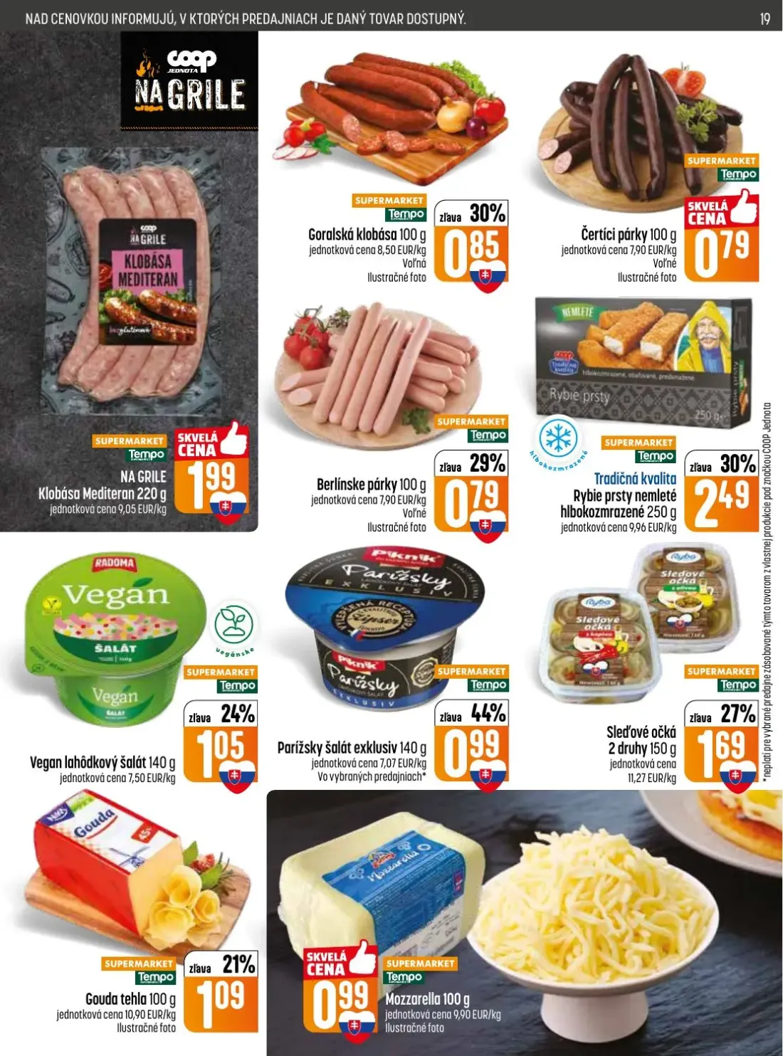Coop Jednota leták, strana 19 z 32 — Klobása Mediteran, Goralská klobása, Gouda tehla